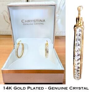 Chrystina 14K Gold Plated Hoop Earrings Genuine Crystal 7/8" Boxed NEW
